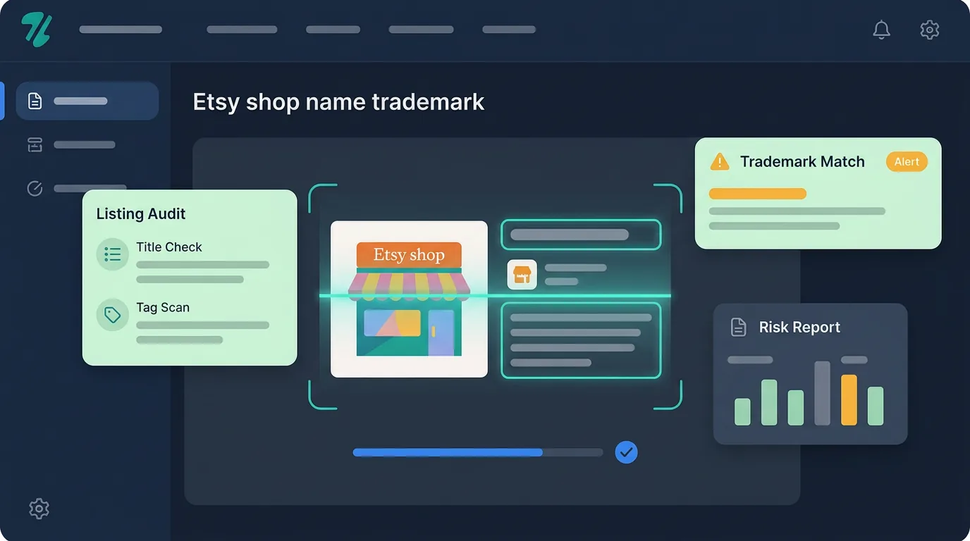 A clean dashboard interface scanning an Etsy shop for hidden text and image trademark risks.