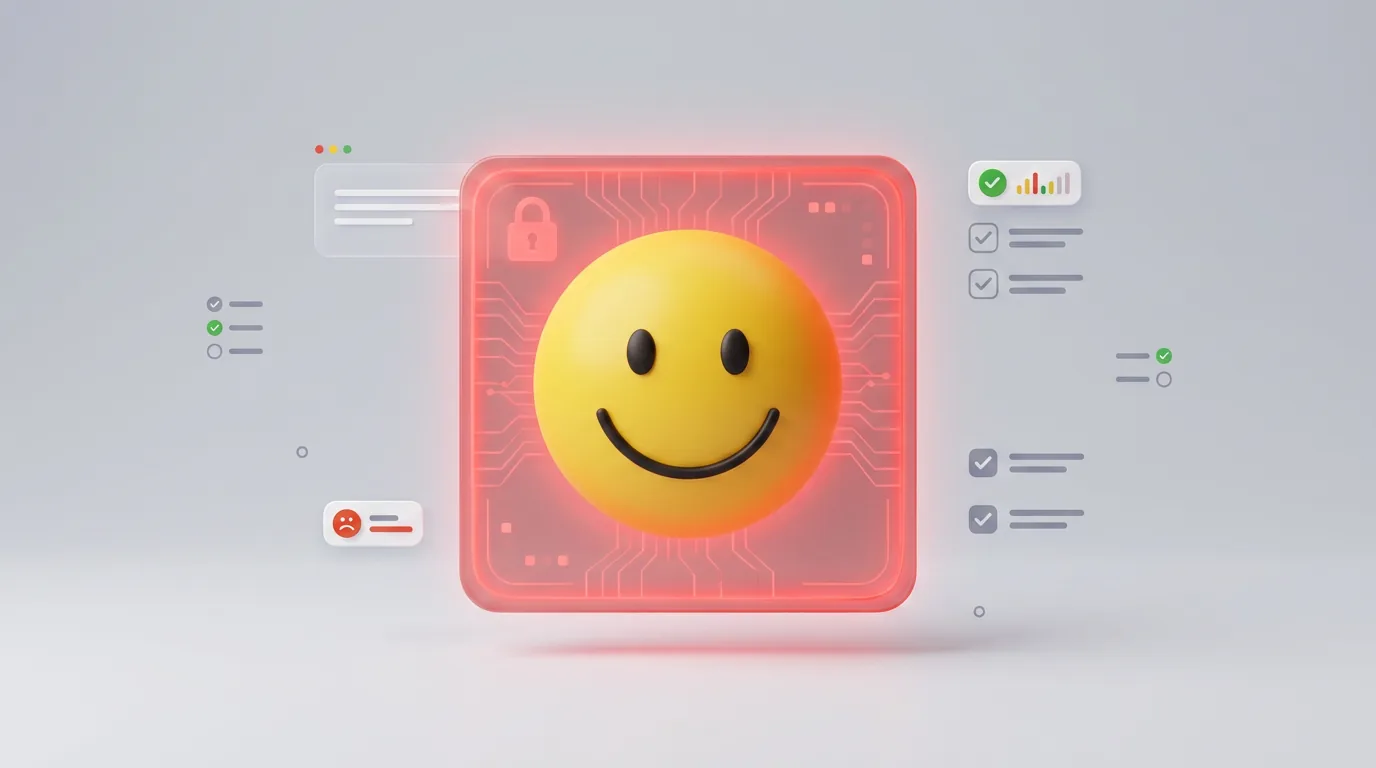 A yellow happy face symbol trapped inside a glowing red digital warning box