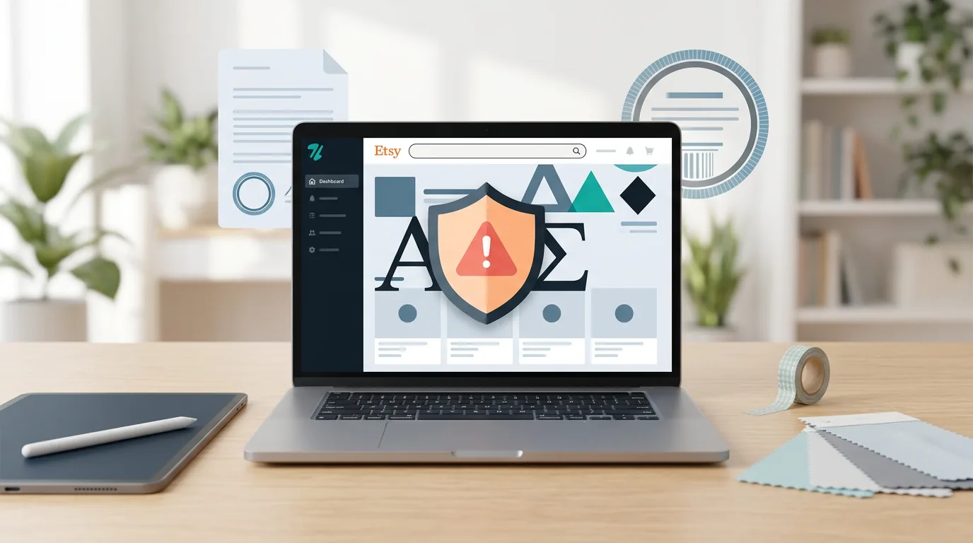 Etsy seller looking at a laptop with a trademark warning over Greek sorority letters