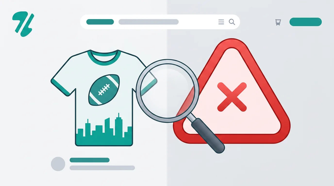 Warning sign next to a generic football shirt illustrating the Etsy sports merch trademark trap