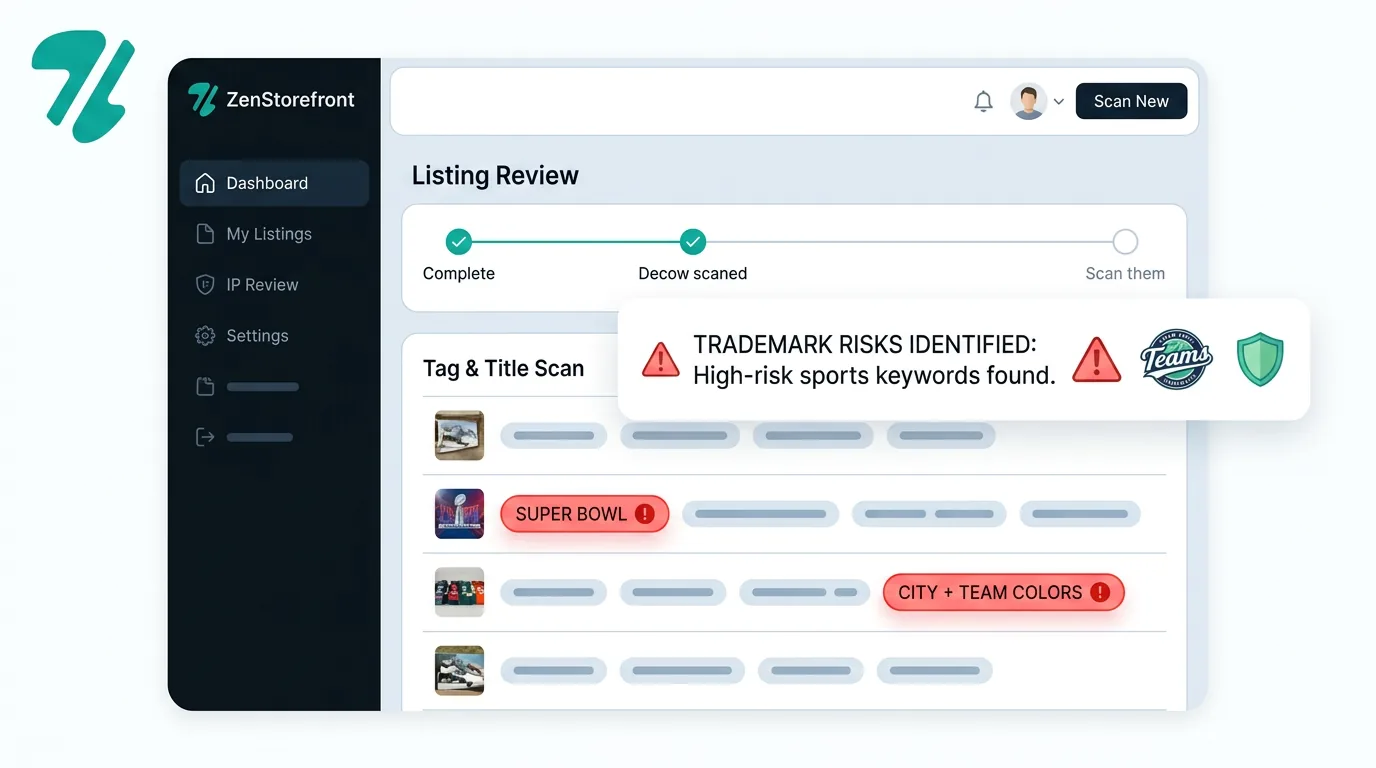 Dashboard UI highlighting risky sports keywords like Super Bowl in Etsy tags