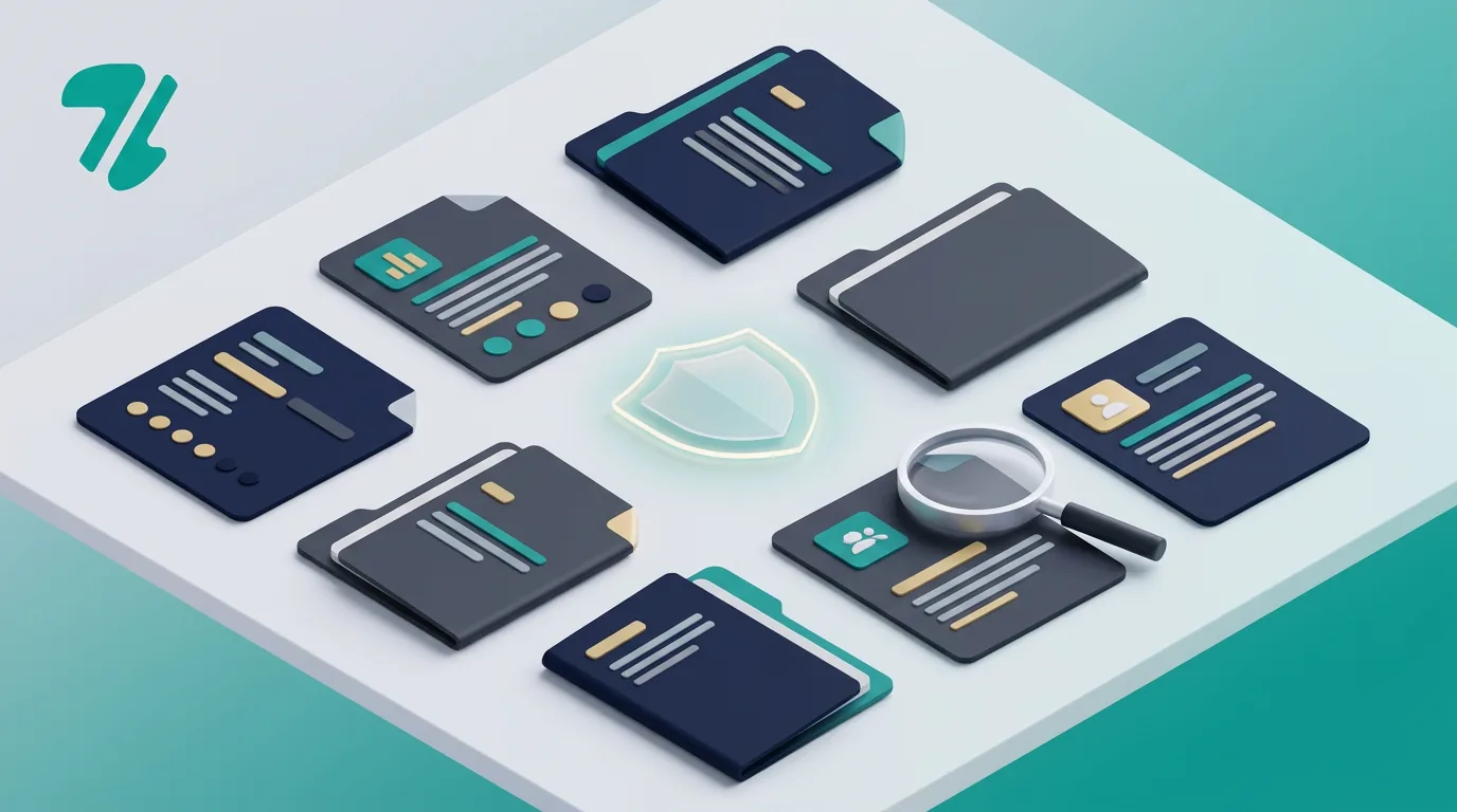 A clean digital illustration of organized documents, a magnifying glass, and a shield representing Etsy appeal evidence.