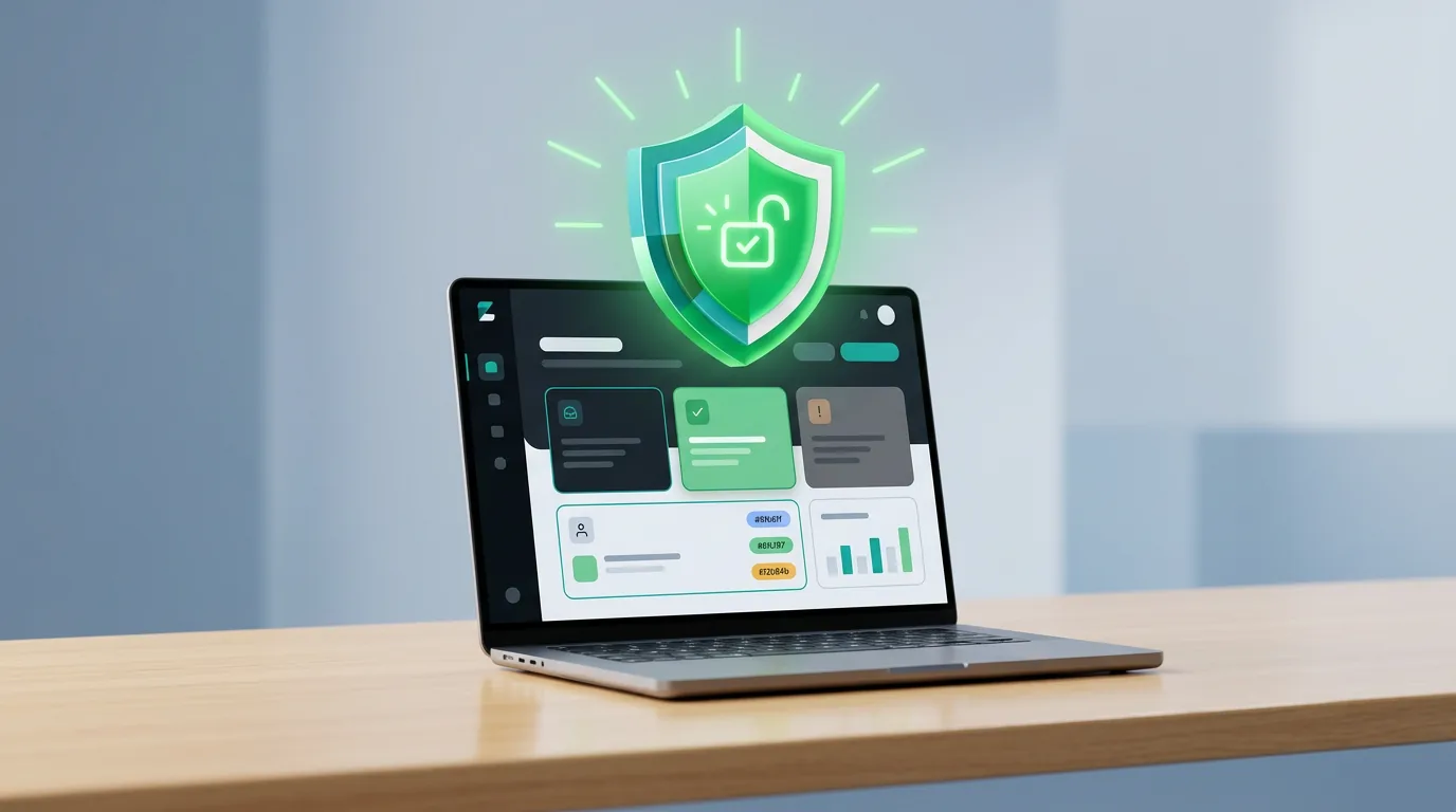 A digital shield hovering over a laptop representing a successful Etsy account recovery