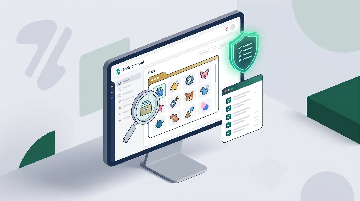 A digital folder of vector graphics being inspected with a magnifying glass and a shield icon