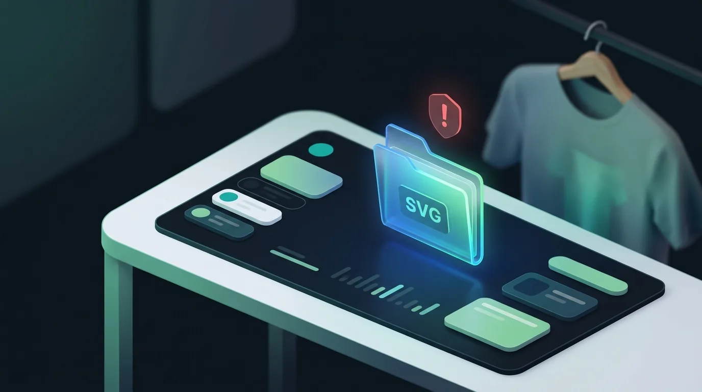 A glowing digital SVG file folder with a warning symbol indicating copyright risk for Etsy sellers