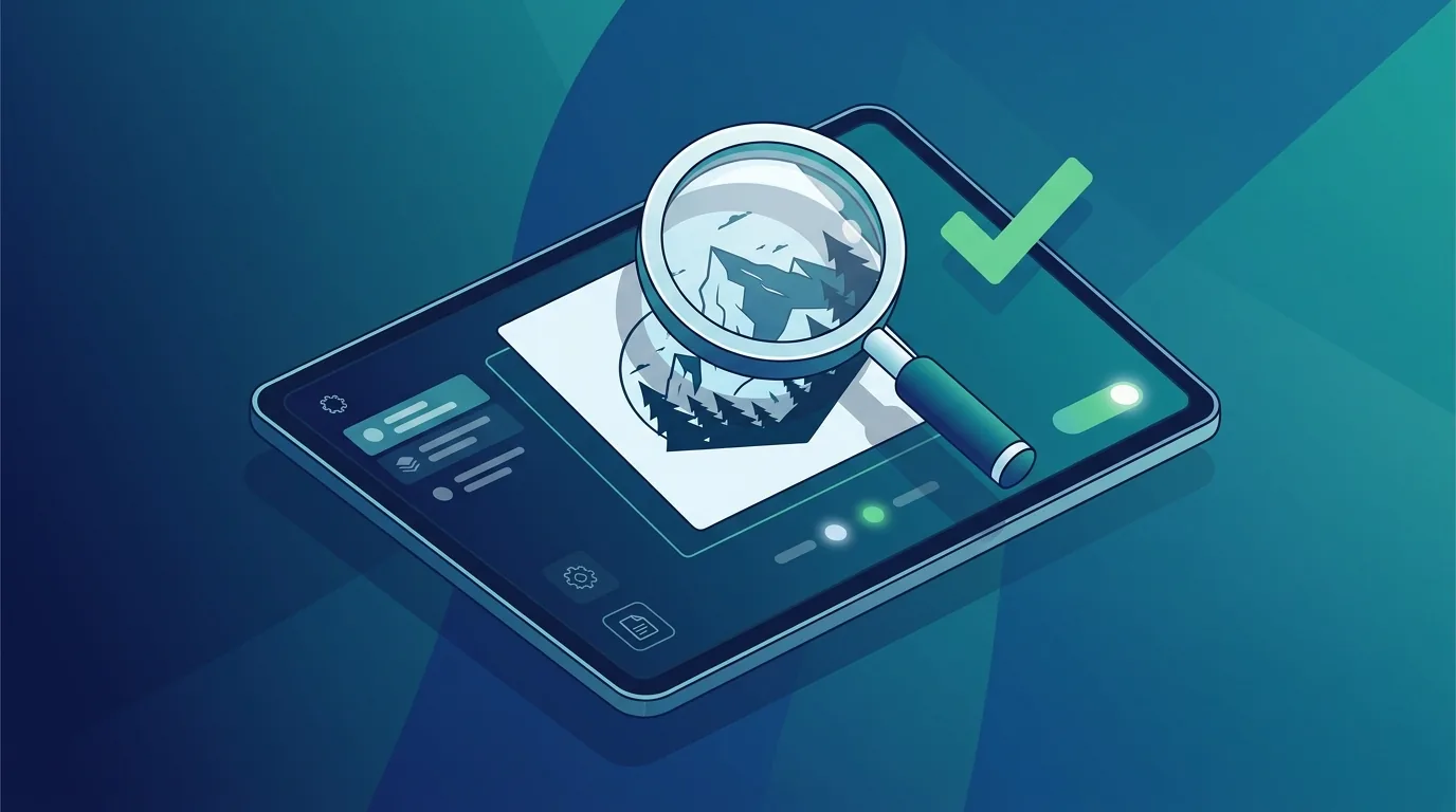 A tablet screen showing a magnifying glass inspecting a digital graphic for IP risks