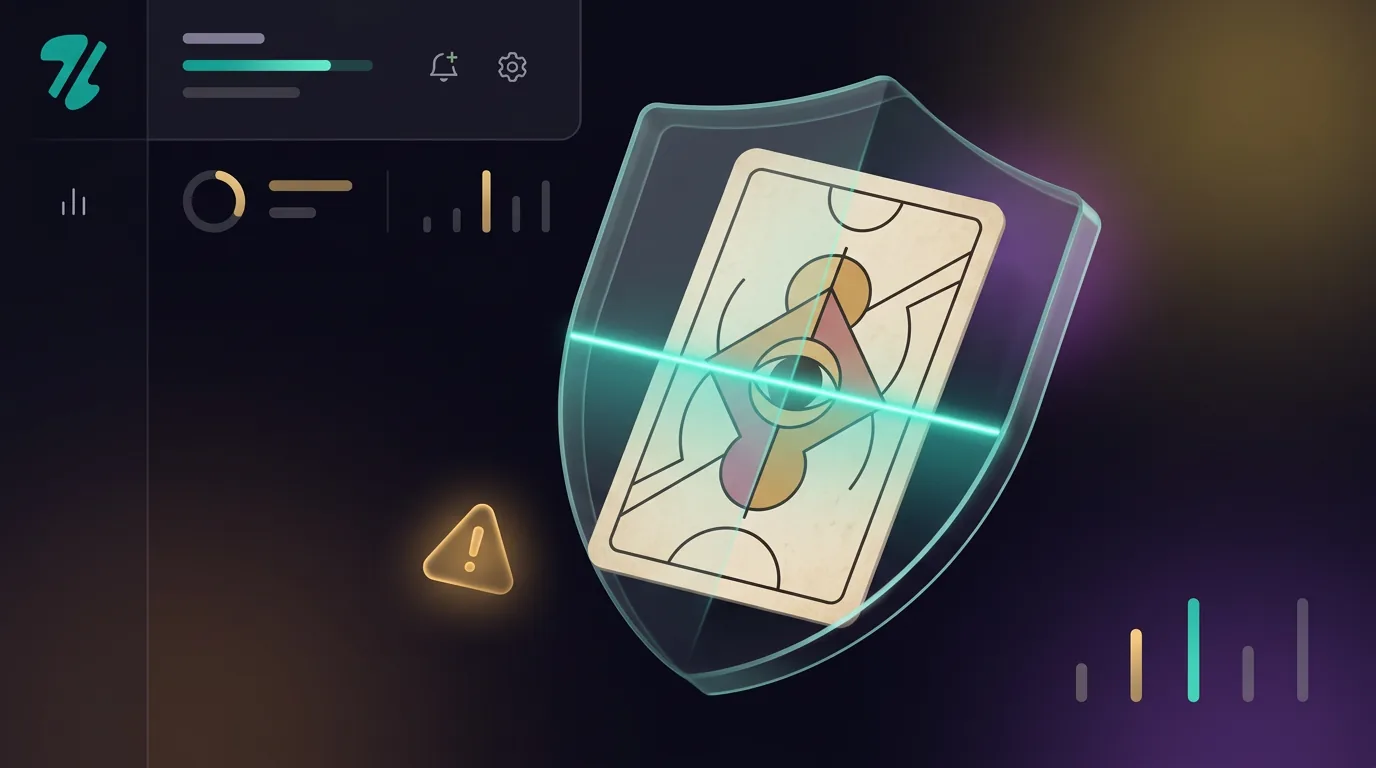 A vintage tarot card being scanned by a digital compliance shield to detect Etsy IP risks.