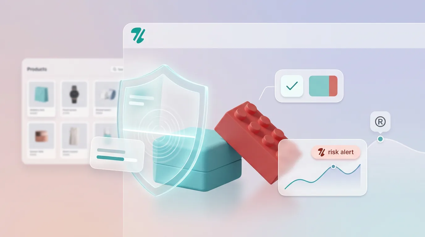 A digital shield scanning a blue jewelry box and a toy brick for trade dress infringement