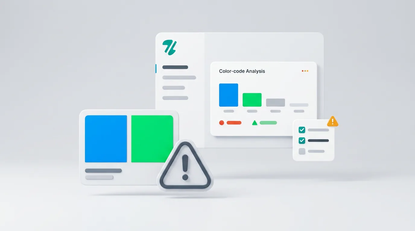 A color palette swatch next to a warning icon symbolizing color trademark risks