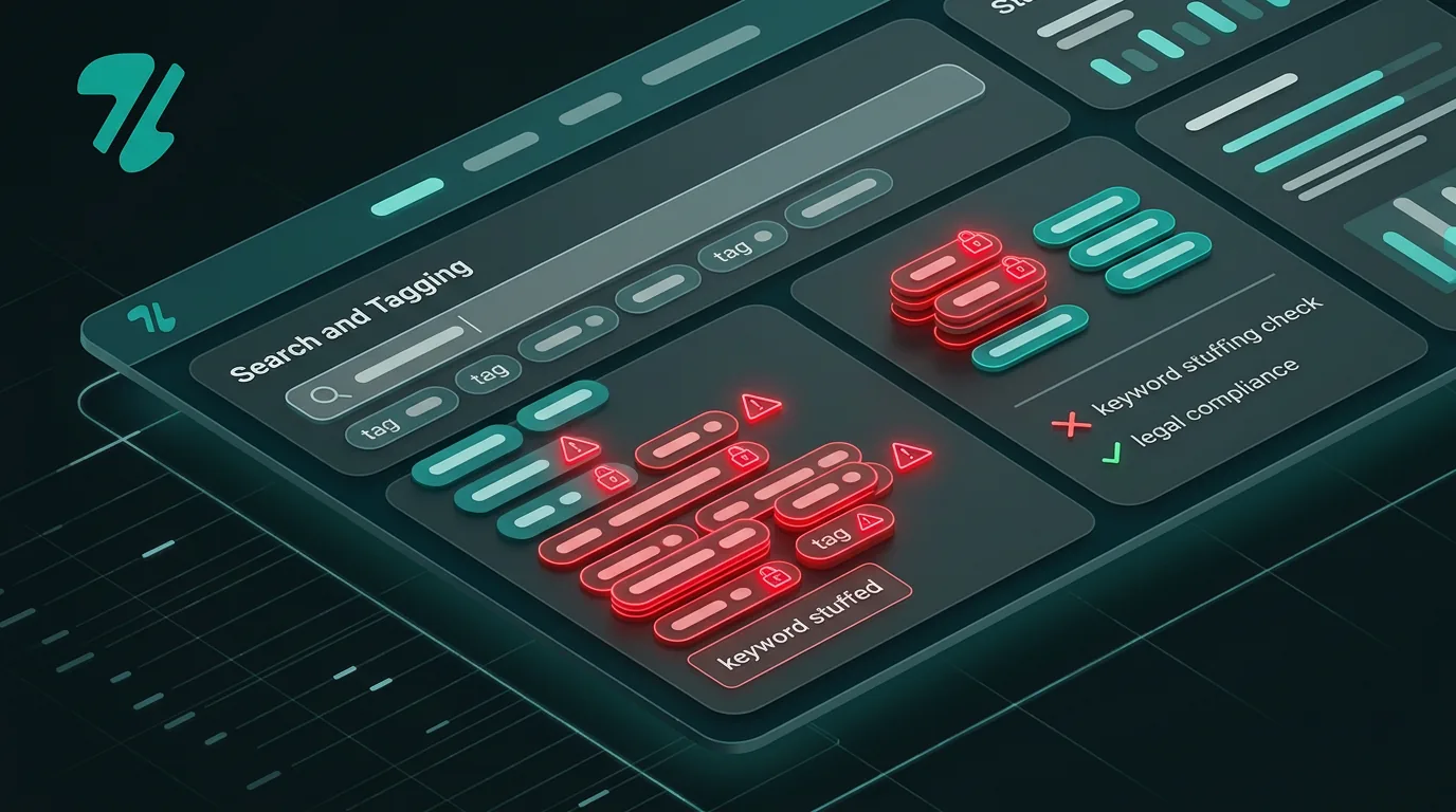 Abstract digital interface showing warning symbols on backend e-commerce SEO tags