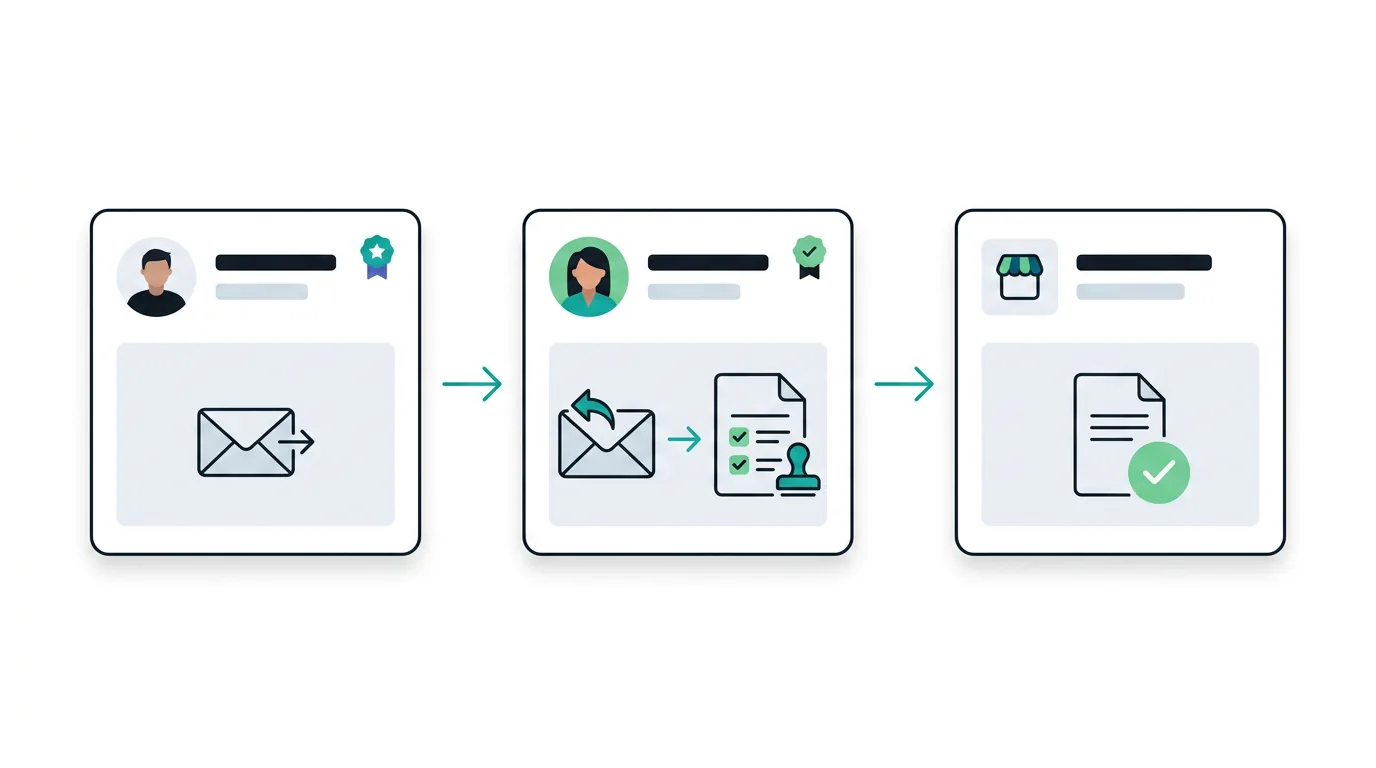A step-by-step workflow showing a seller contacting a brand and the brand emailing Etsy for a retraction