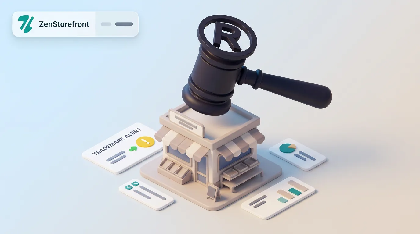 3D illustration of an Etsy storefront being overshadowed by a giant trademark gavel