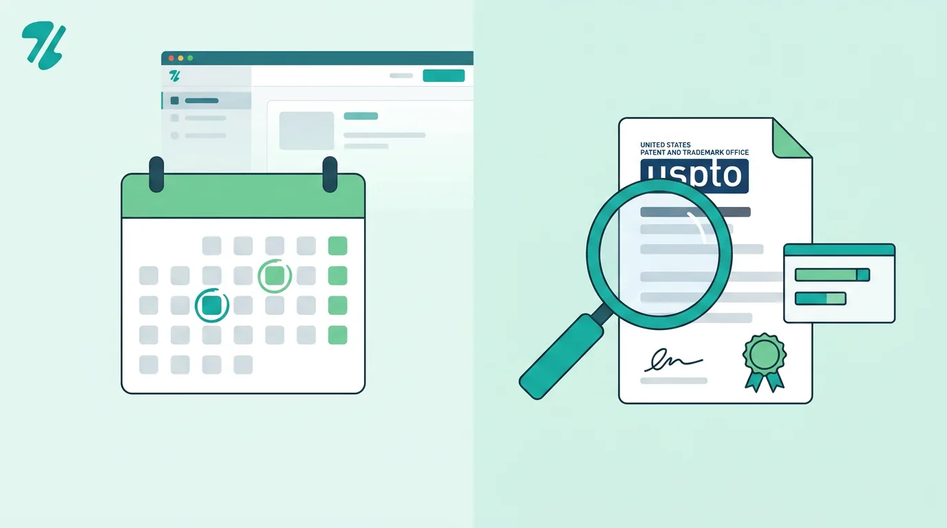 Split screen illustration showing a magnifying glass over a document and a calendar