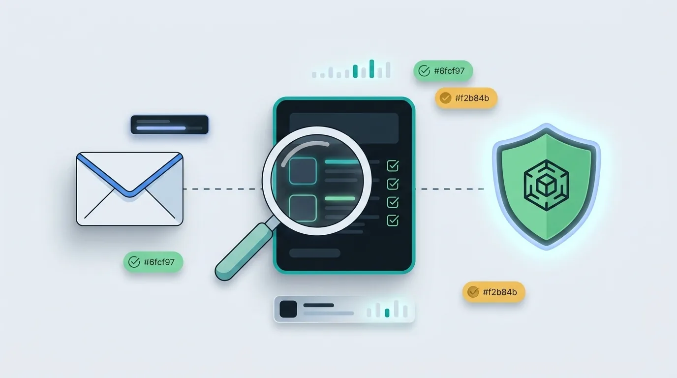 Digital workflow showing an email, a magnifying glass, and a shield for Etsy IP protection