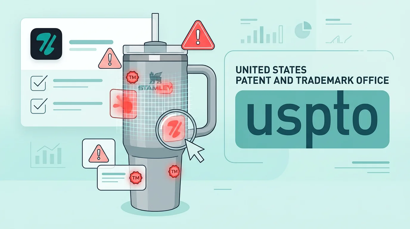 A digital scan of a 40oz insulated travel tumbler highlighting trademark risks