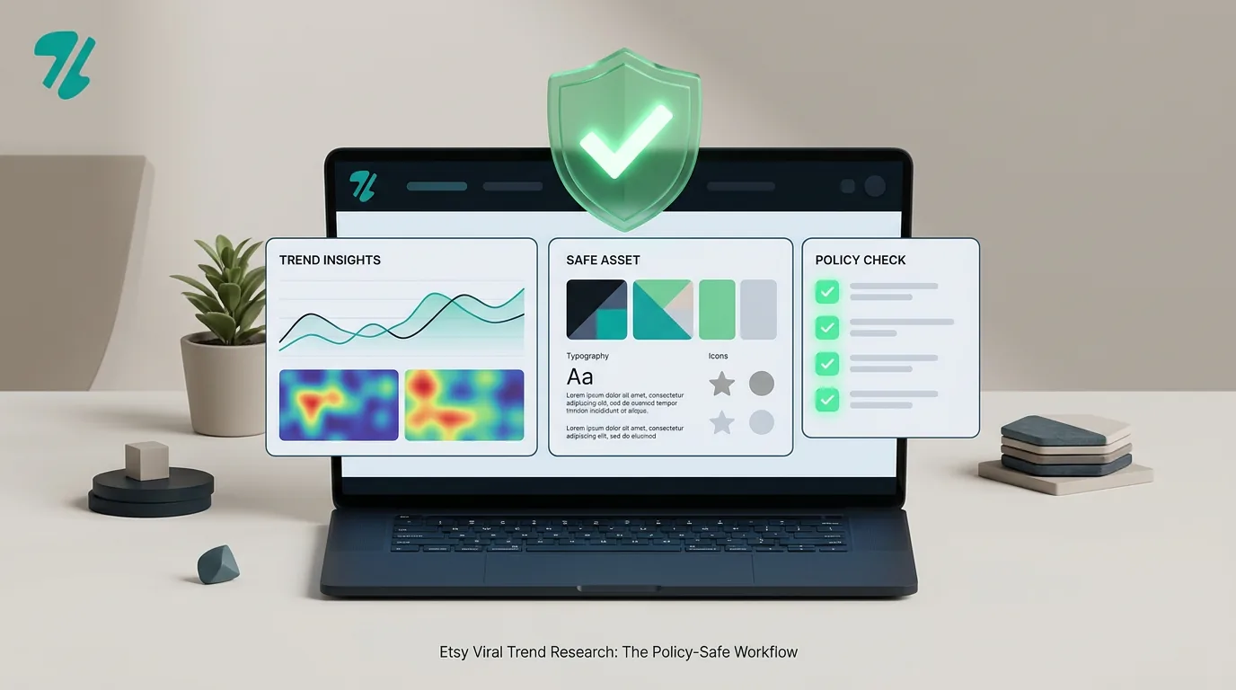 A laptop displaying abstract trend data and safe design elements with a glowing shield icon