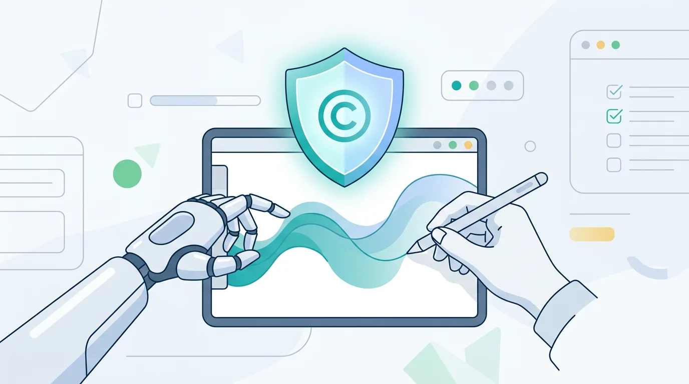 Illustration of a human and AI creating art safely under a copyright protection shield