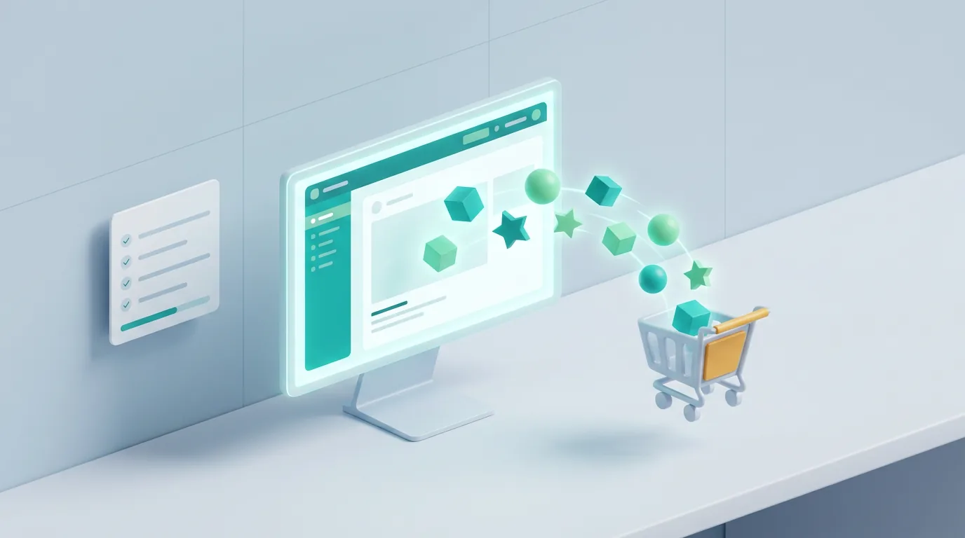 A digital shopping cart filling with abstract geometric shapes from a computer monitor