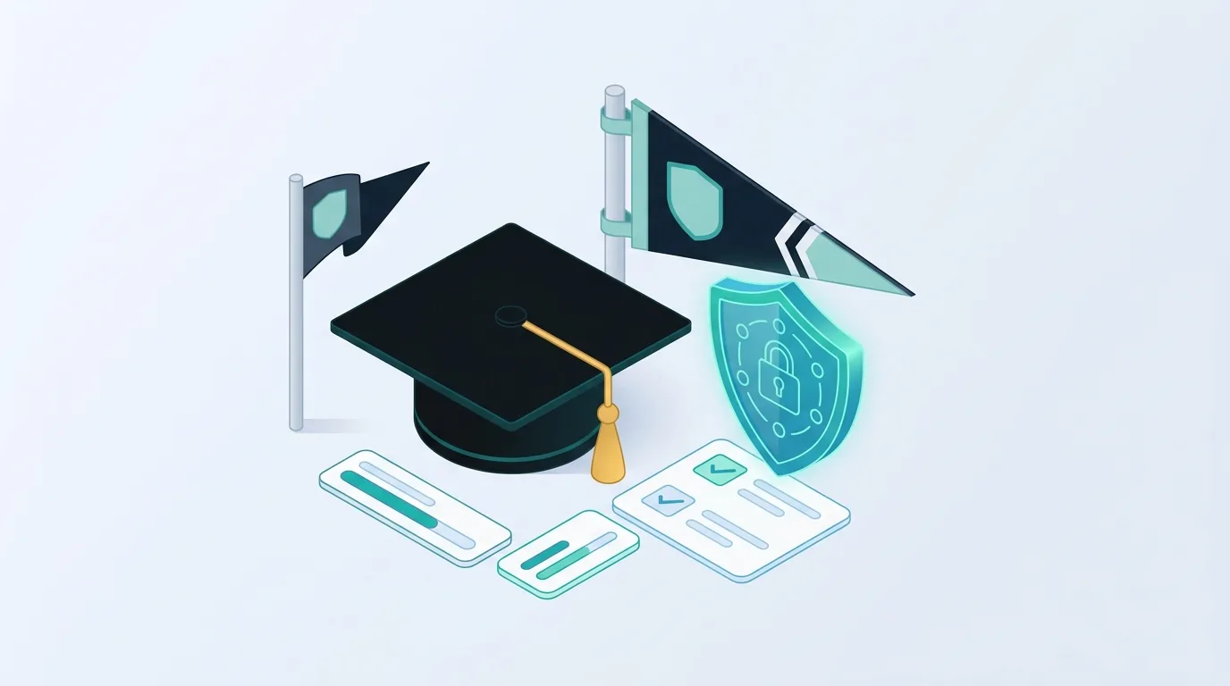 Illustration of a graduation cap, sports pennant, and a trademark shield representing college apparel licensing on Etsy