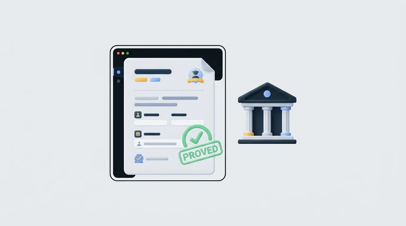 Illustration of a Crafter's License application form with a university building icon and an approval stamp