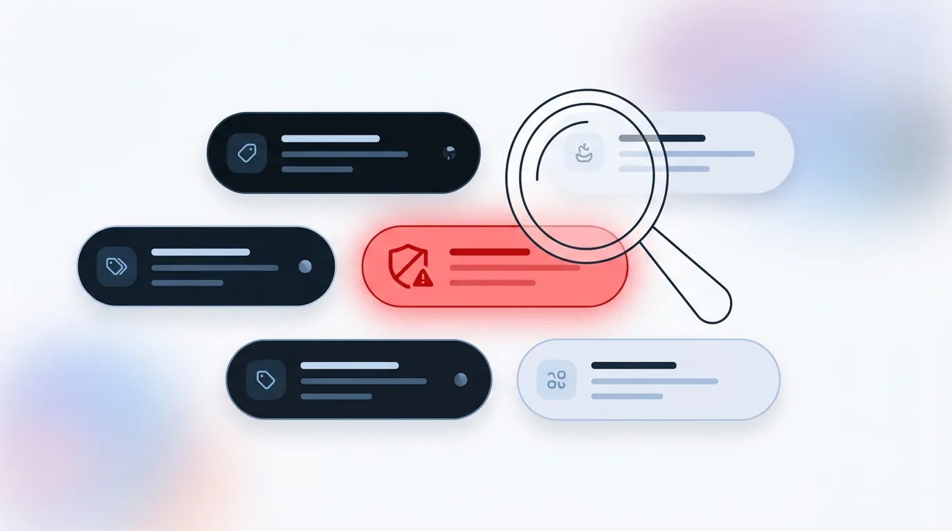 Magnifying glass scanning floating e-commerce tags with one tag showing a red warning shield