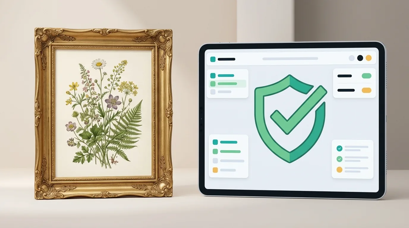 A vintage botanical art print next to a digital shield icon representing copyright protection for Etsy sellers.