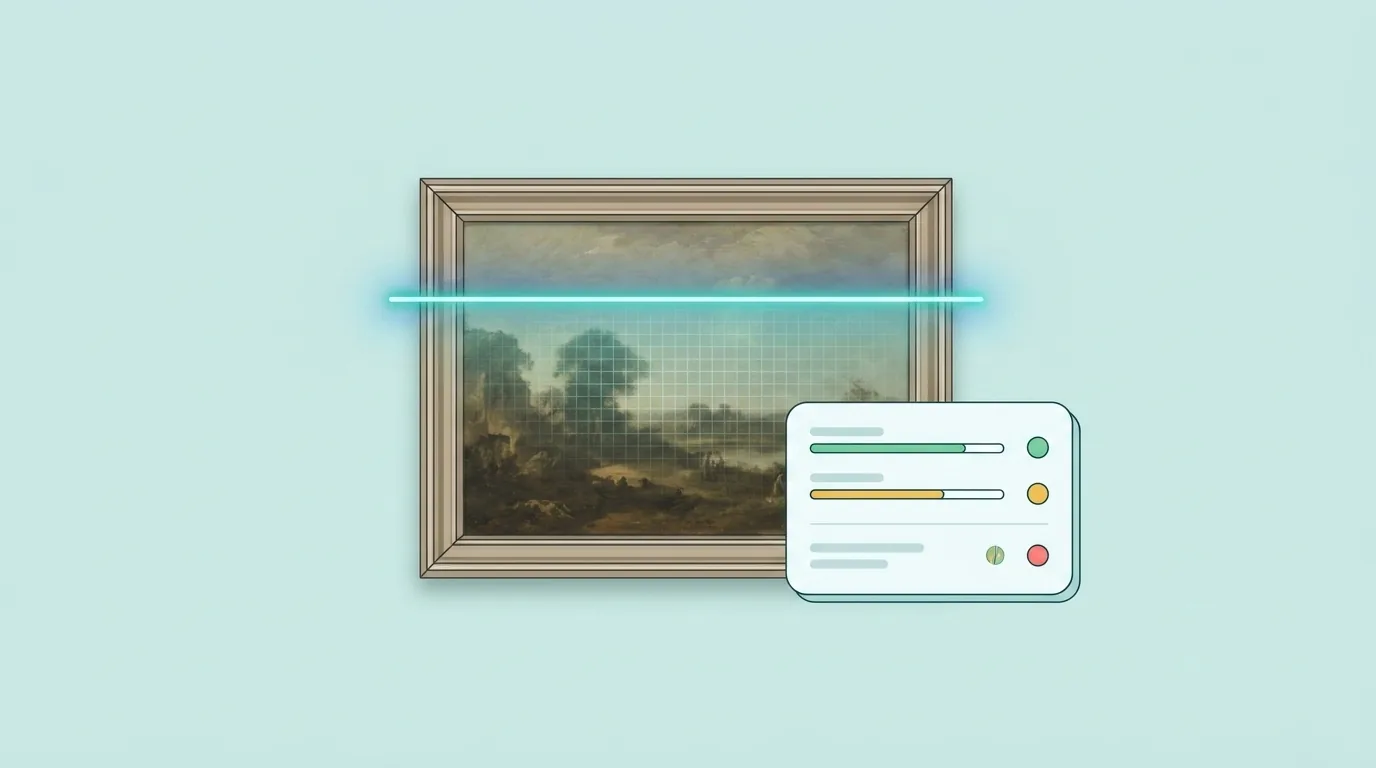 A flat lay illustration of a vintage oil painting being scanned by a digital laser.