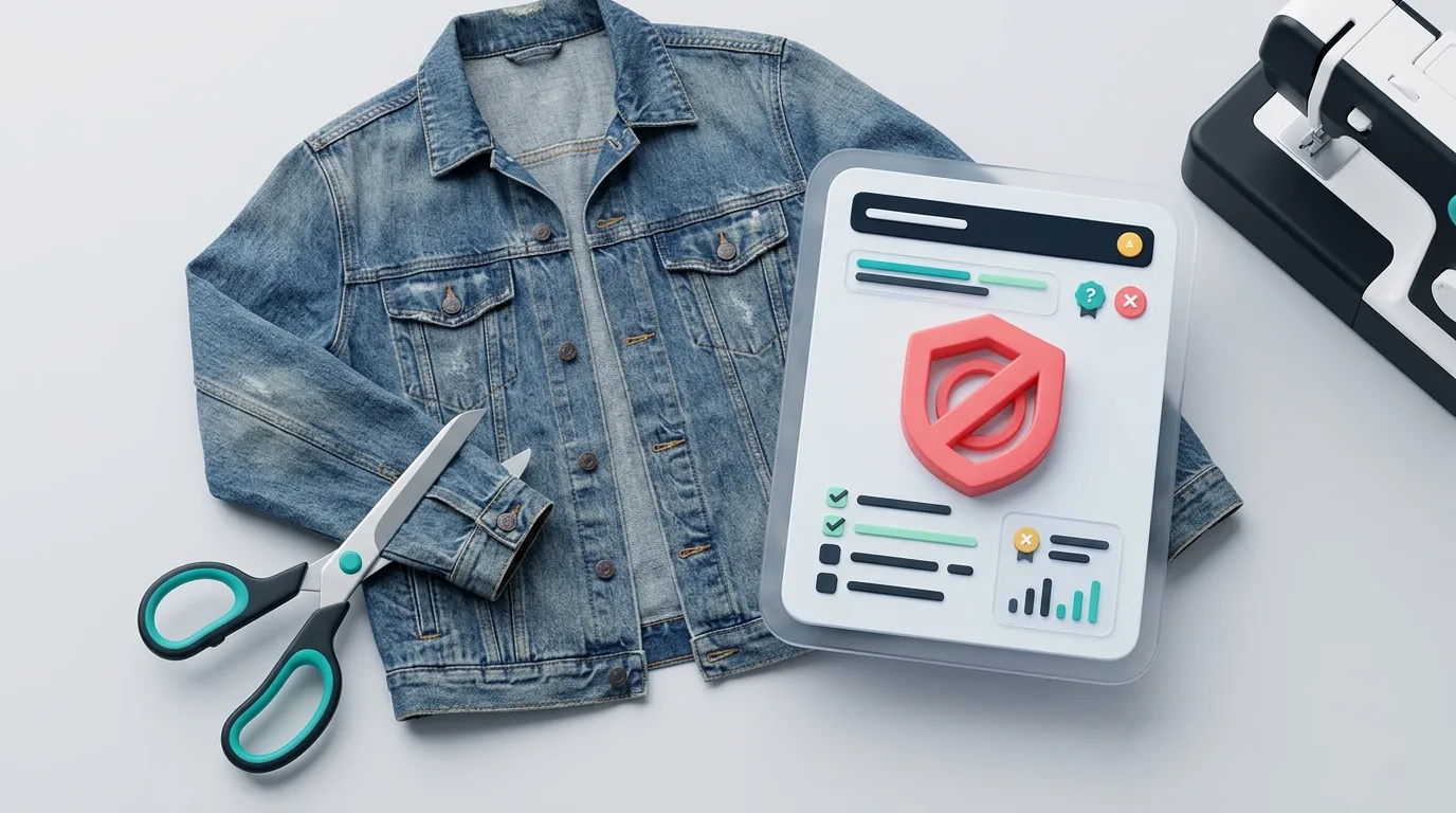 A vintage denim jacket being cut with scissors next to a legal warning document
